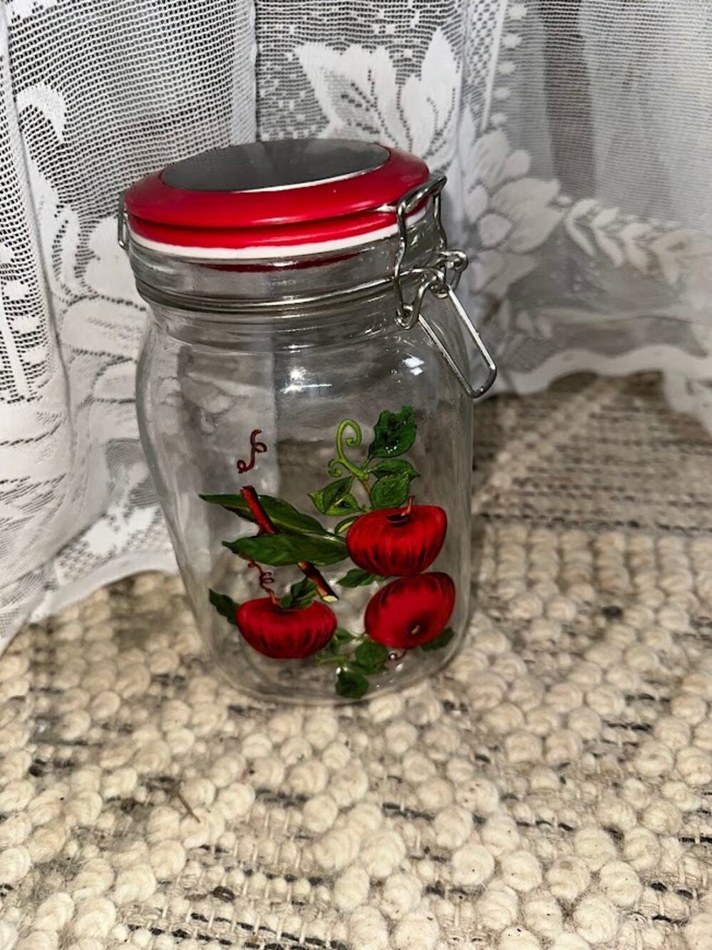Glass Apple Canister Jar Red Clamp Lid Hand Painted Country Kitchen